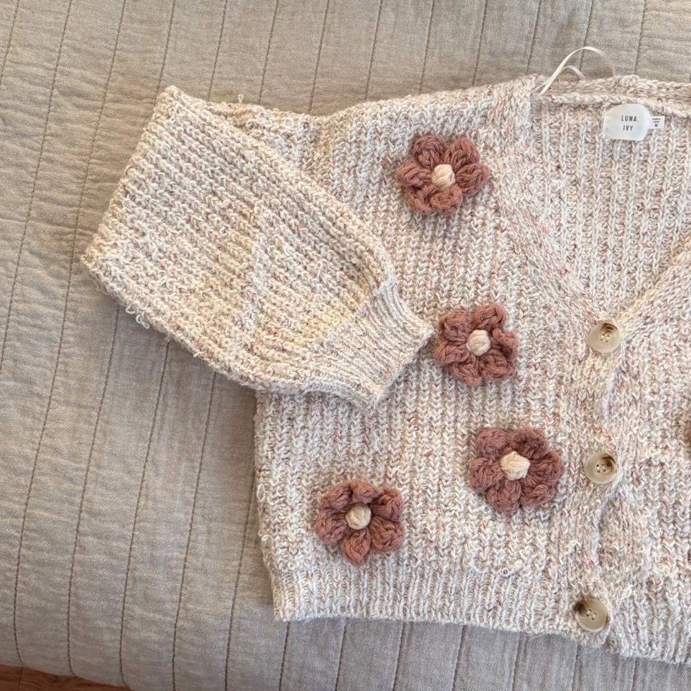 Floral Crochet Cardigan Medium Tan and Mauve - Picture 3 of 6